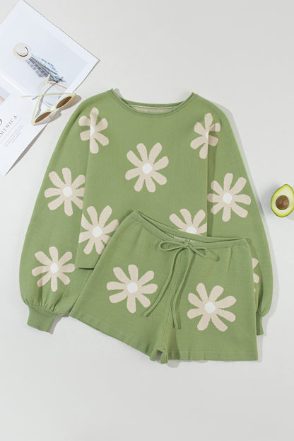 Conjunto de suéter e shorts de malha com manga bolha com estampa de flor verde