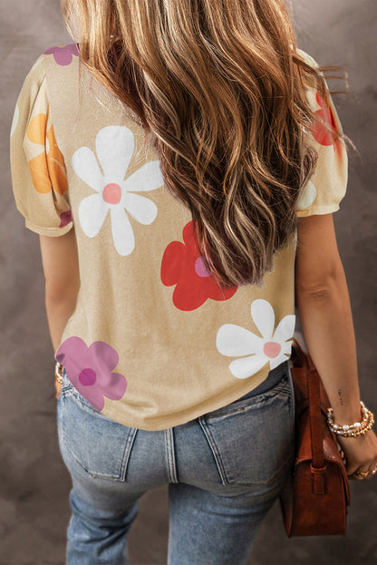 Camiseta manga bolha com estampa de flor rosa