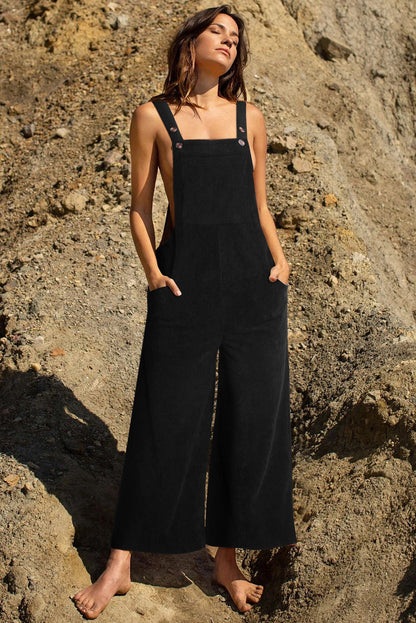 Black Solid Color Corduroy Wide Leg Bib Overalls