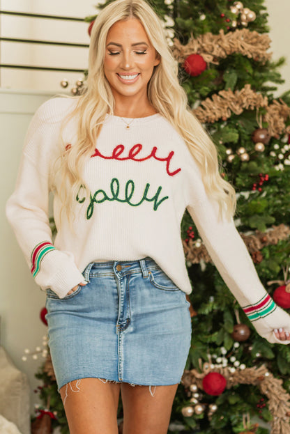 Beige Tinsel Holly Jolly Graphic Classic Sweater