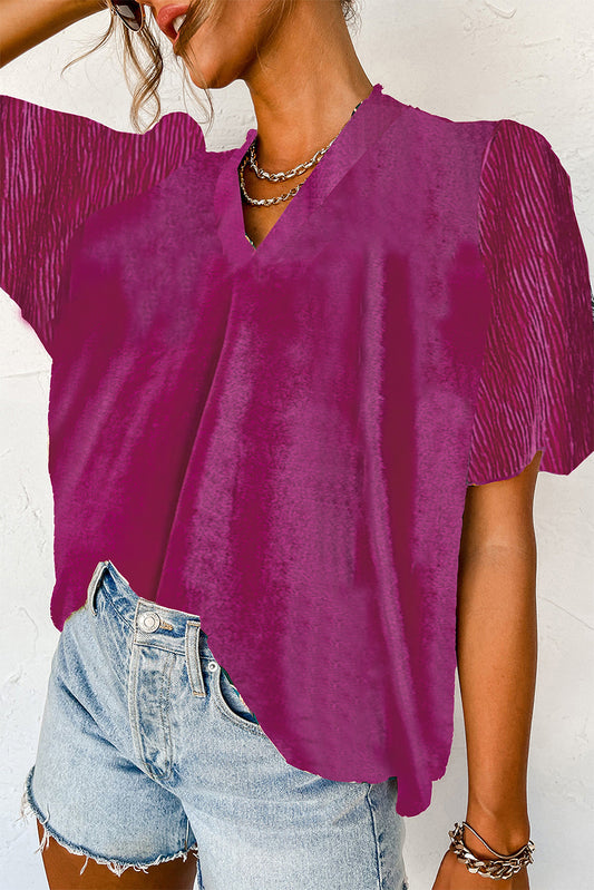 Bright Pink Pleated Bubble Short Sleeve V Neck Velvet Top