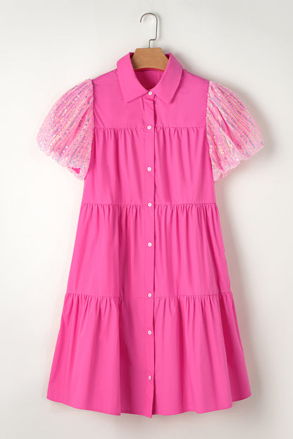 Robe chemise à volants et manches bouffantes pailletées Bonbon