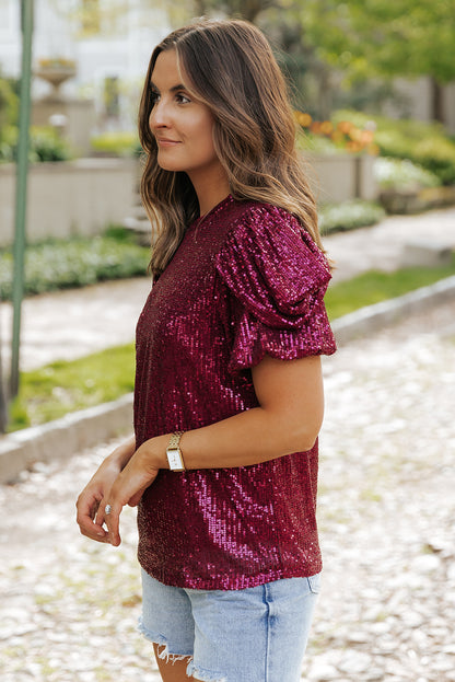 Blusa de manga curta com lantejoulas brilhantes Borgonha