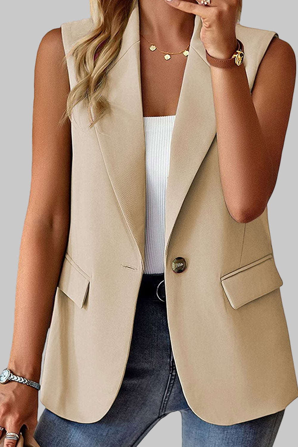 Blazer de lapela com bolso de botão único damasco