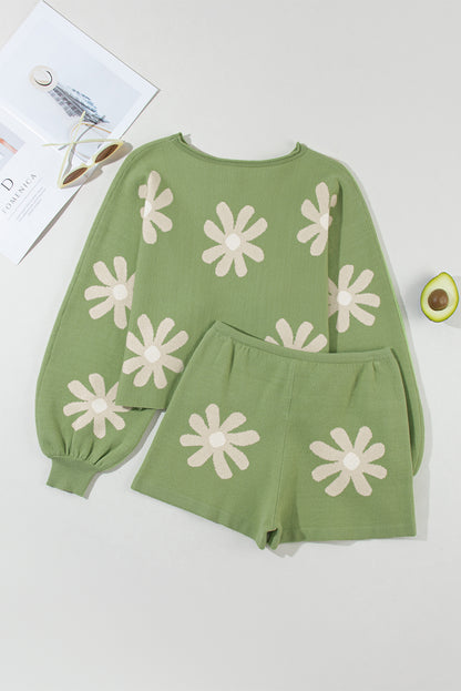 Conjunto de suéter e shorts de malha com manga bolha com estampa de flor verde