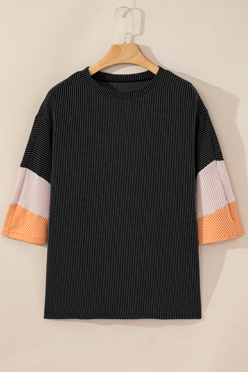 Carbon Grey Color Block Ribbed Knit Quarter Sleeve Top