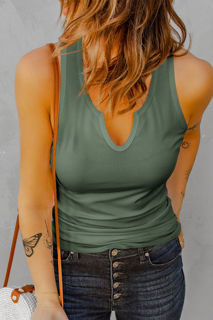 Green Split Neck Ribbed Knit Tank Top