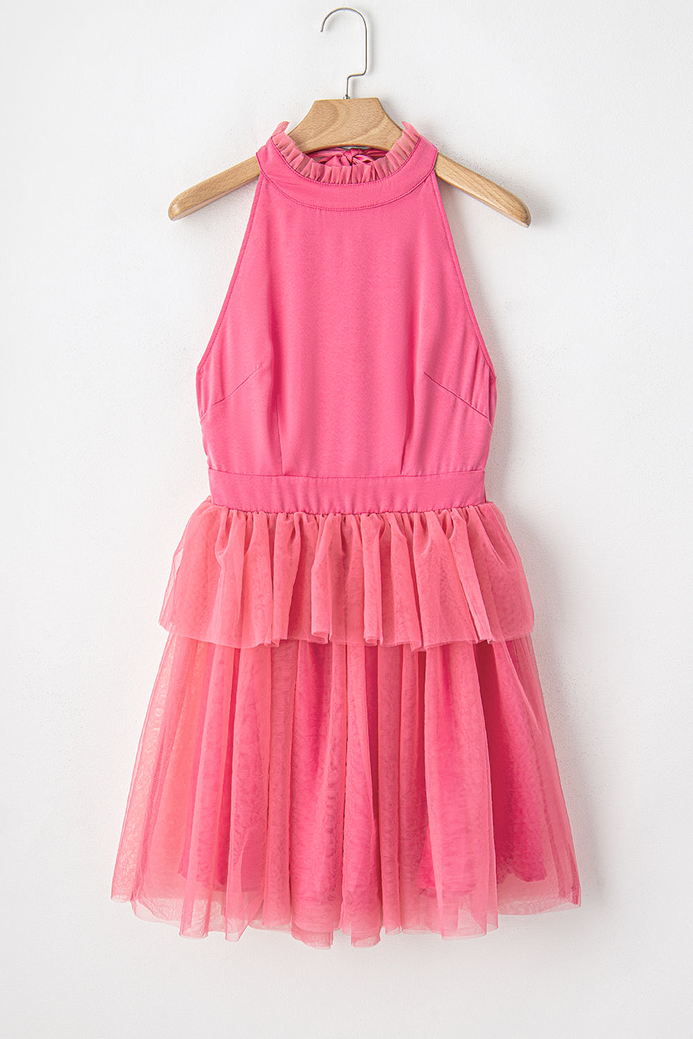 Robe dos nu nouée à volants en gaze rose fraise