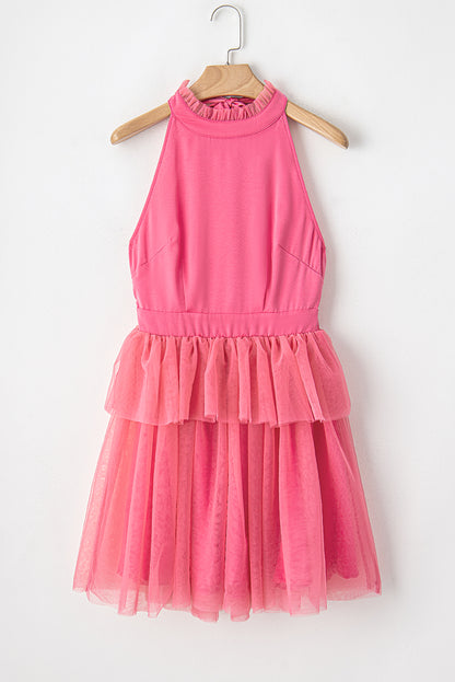 Robe dos nu nouée à volants en gaze rose fraise