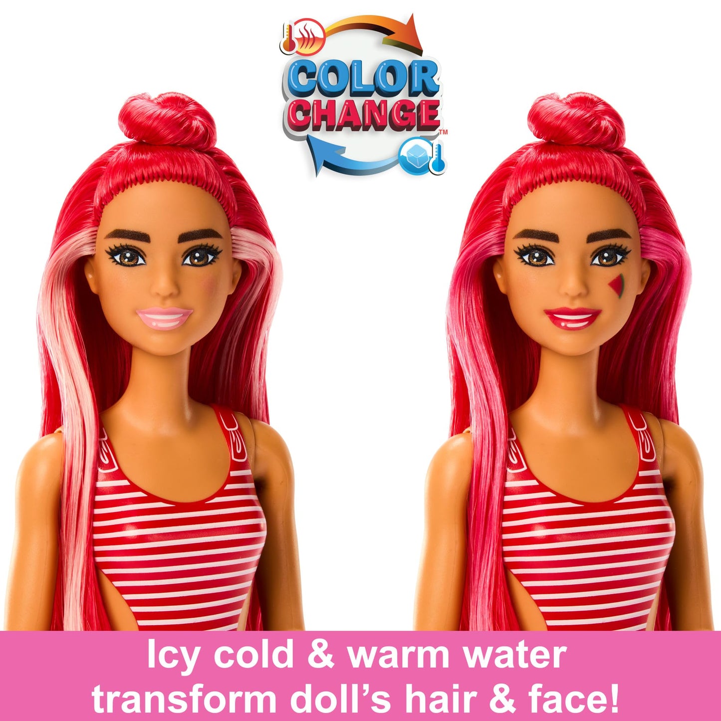 Barbie Pop Reveal Fruit Series Doll, Colour-Changing Doll with Pink Hair, 8 Surprises Including