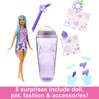 Barbie Pop Reveal Fruit Series Doll, Colour-Changing Doll with Pink Hair, 8 Surprises Including