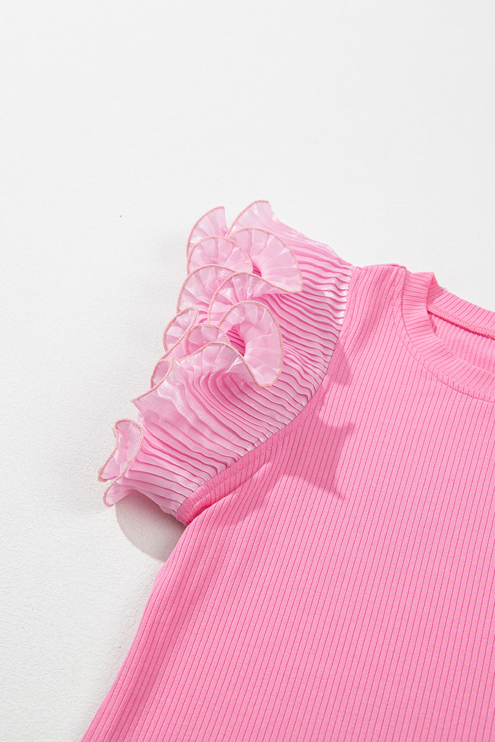 Strawberry Pink Ruffled Pleated Mesh Sleeve Ribbed Knit Slim Fit T Shirt