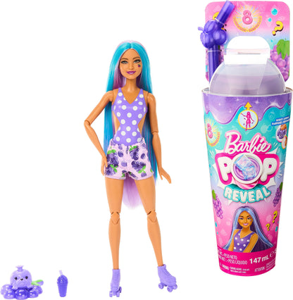 Barbie Pop Reveal Fruit Series Doll, Colour-Changing Doll with Pink Hair, 8 Surprises Including