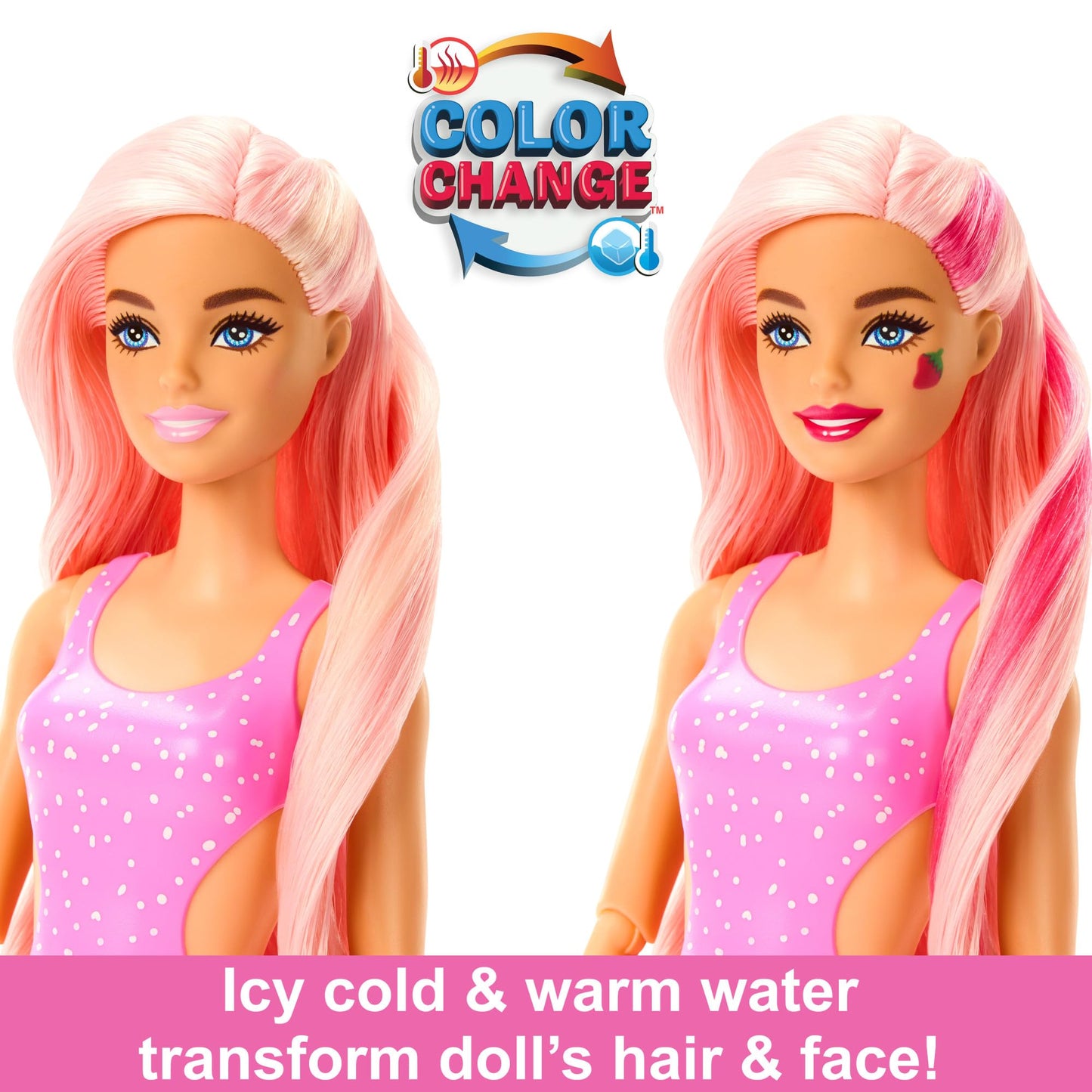 Barbie Pop Reveal Fruit Series Doll, Colour-Changing Doll with Pink Hair, 8 Surprises Including