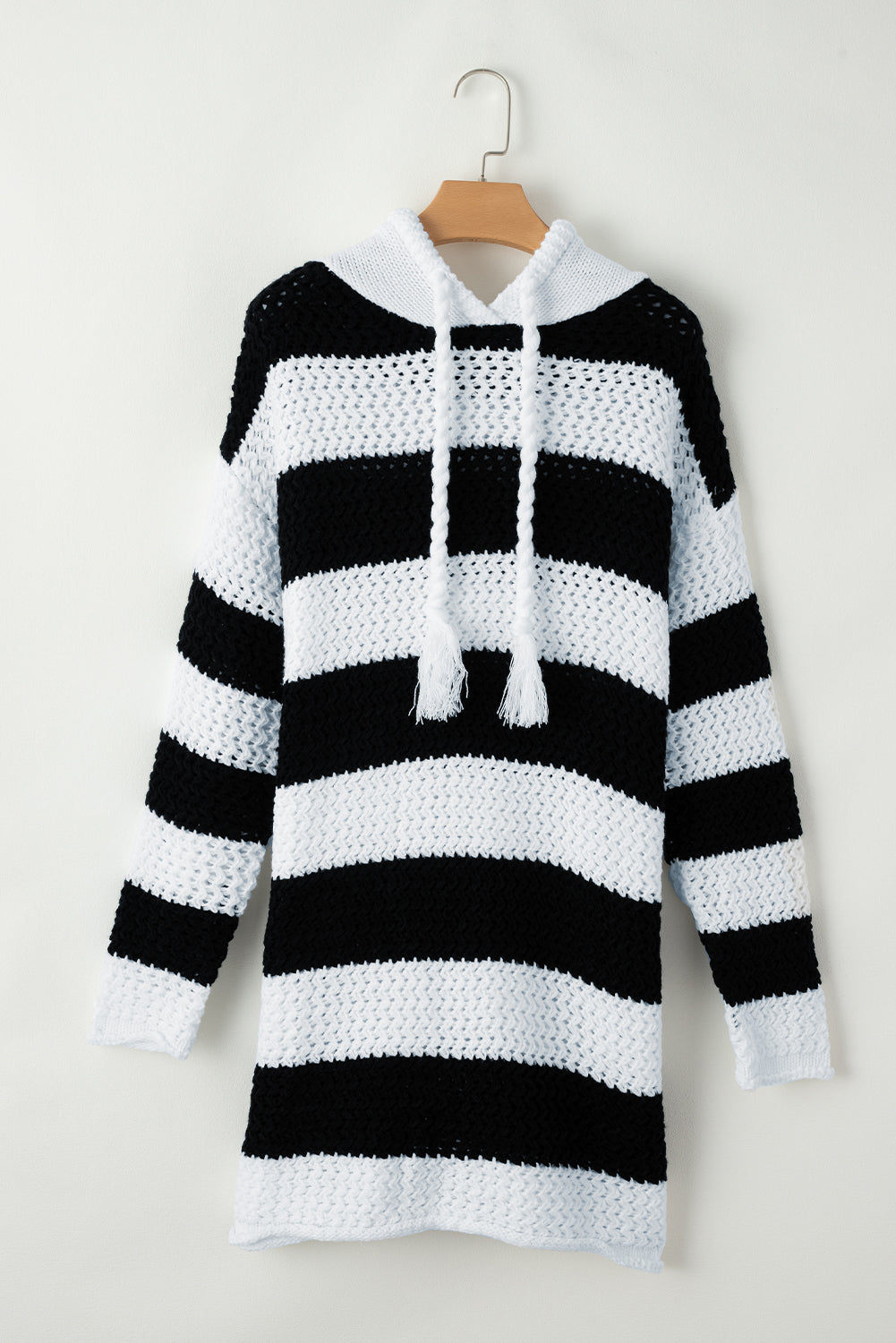 Black Striped Braided Tassel Hooded Sweater Dress