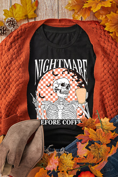 Black Nightmare Before Coffee Skull Checkerboard Graphic Halloween Tee