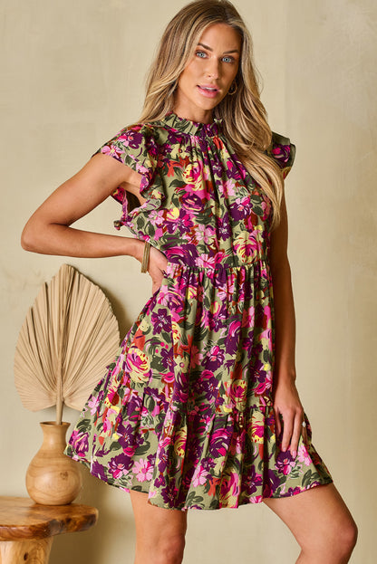 Minivestido com estampa floral verde franzido manga esvoaçante com babados no pescoço