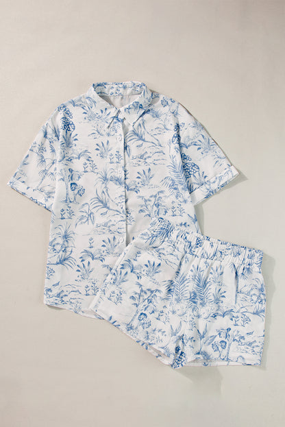 Conjunto de camisa e shorts florais azul celeste de manga curta