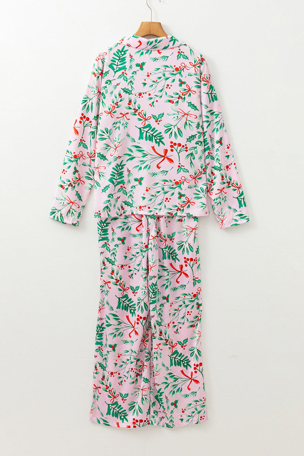 Pink Christmas Berries Plant Print Satin Long Sleeve Pajama Set