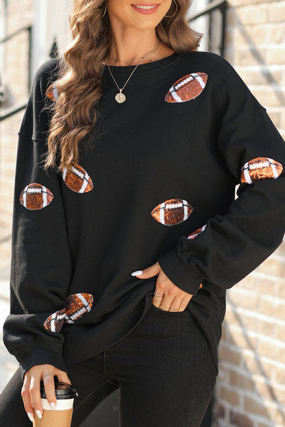 Black Sequin Rugby Graphic Pullover Sweatshirt