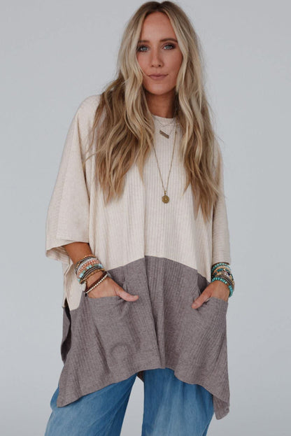 Pale Khaki Color Block Ribbed Knit Split Side Poncho