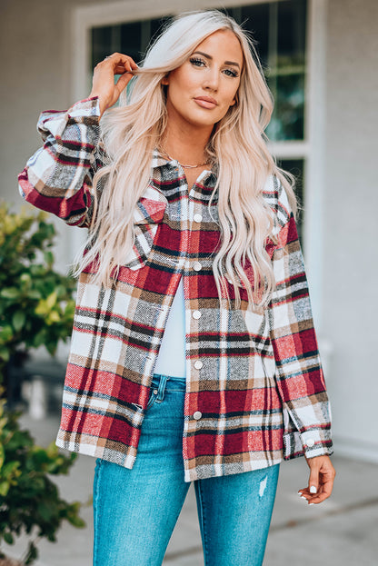 Pink Geometric Plaid Print Pocketed Shacket