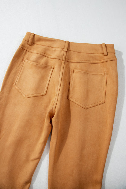 Pantalon évasé en daim marron à coutures apparentes avec poches