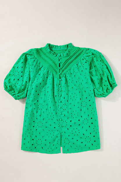 Green Flower Embroidered Hollow-out Puff Sleeve Blouse