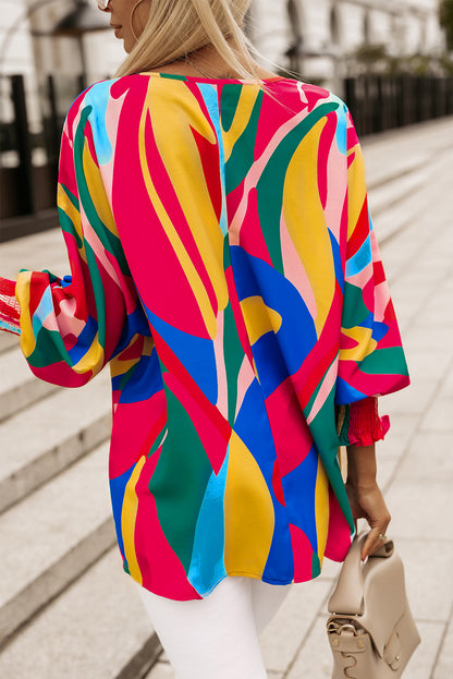 Multicolor Abstract Print Smocked Puff Sleeve Blouse