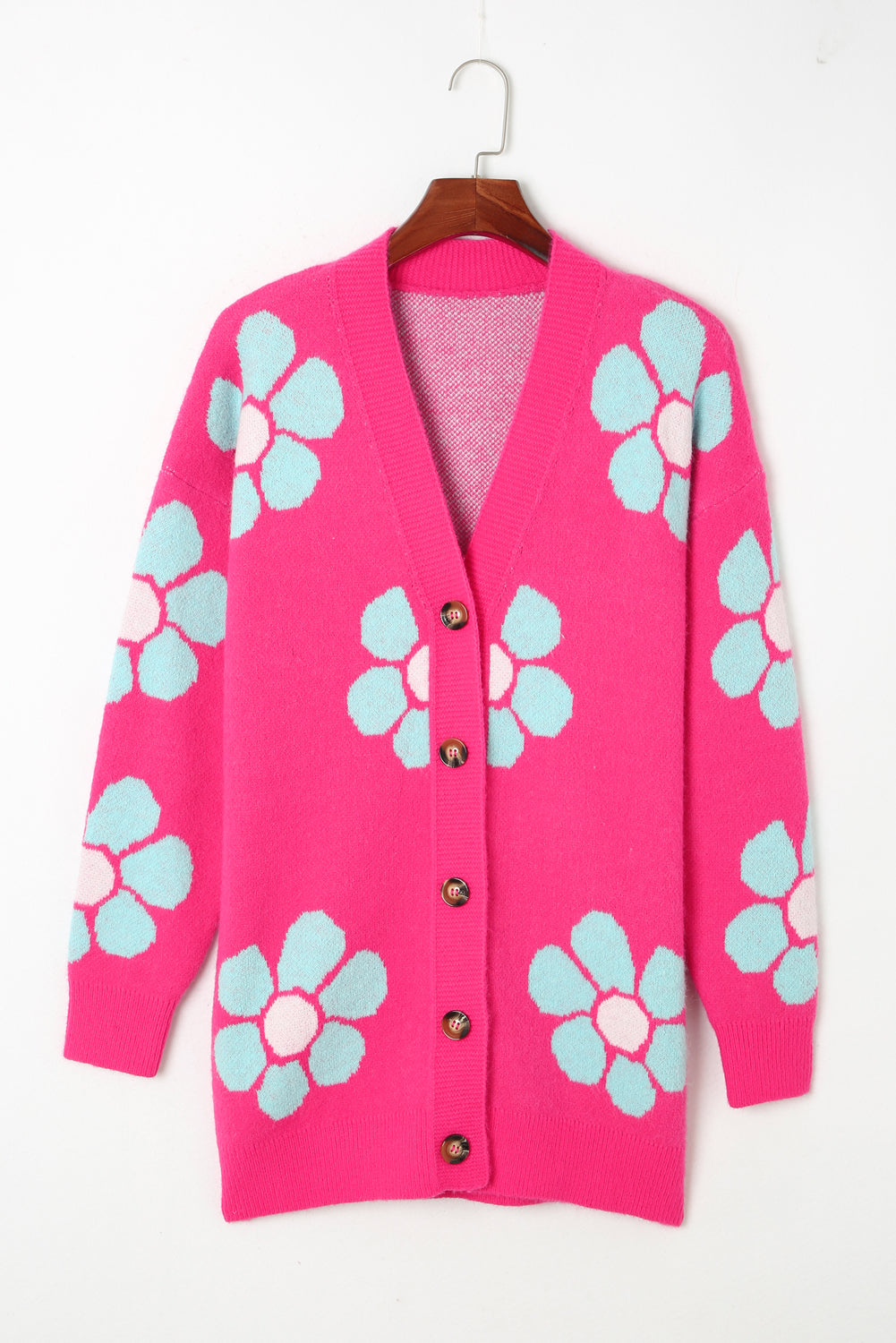 Cardigan tricoté boutonné à imprimé floral rose fraise