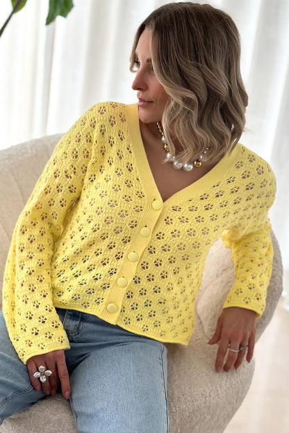 Yellow Pointelle Knit V Neck Sweater Cardigan