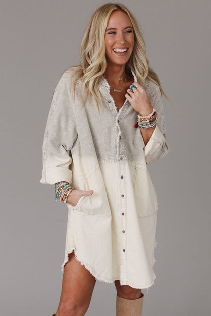 Gray Gradient Long Sleeve Button Up Raw Hem Denim Dress