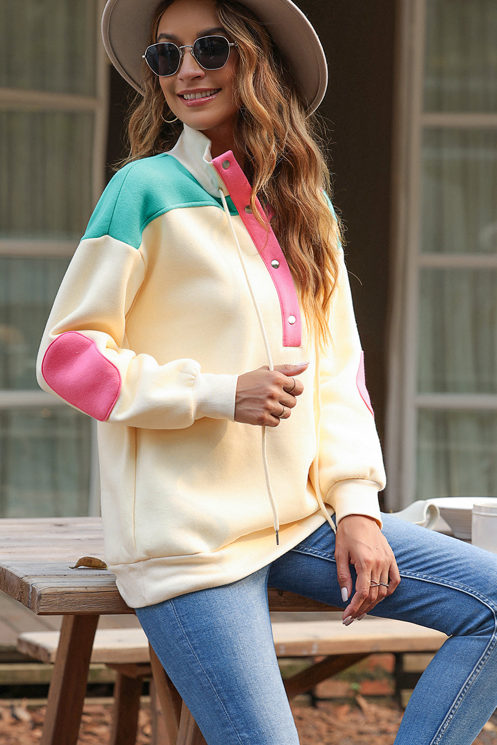 Apricot Color Block Elbow Patch Half Button Sweatshirt