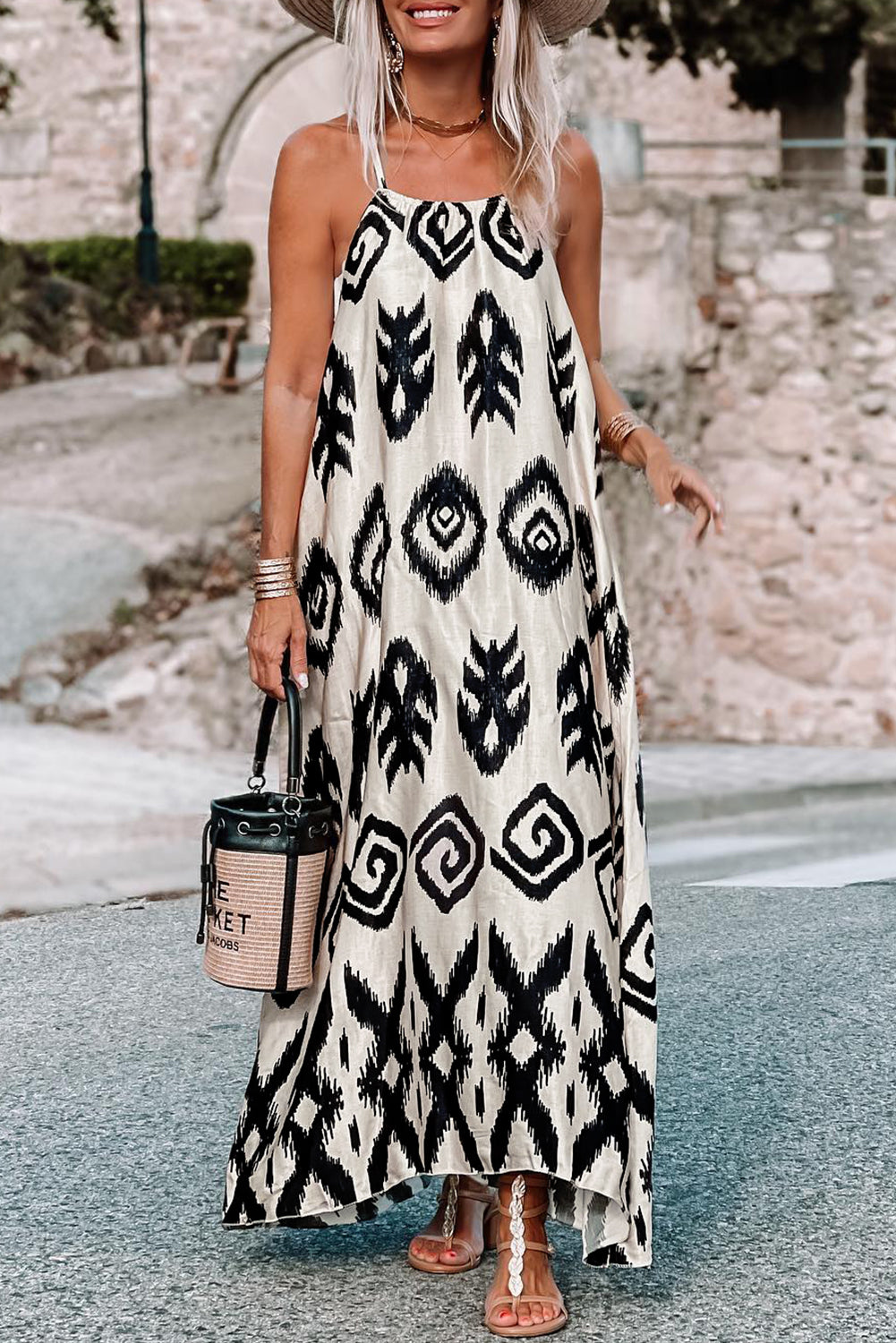 Vestido de verão preto ocidental asteca estampado moda férias