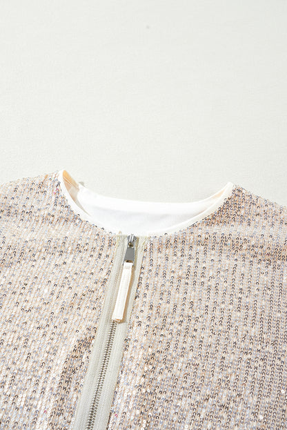 Apricot Sequin Zip up Round Neck Long Sleeve Jacket