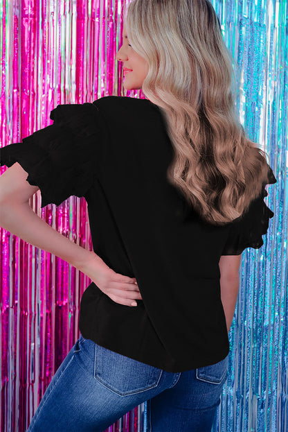 Blusa Manga Babada em Tule Preto