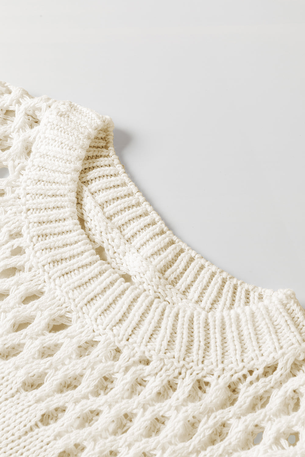 White Solid Color Pointelle Knit Puff Sleeve Sweater