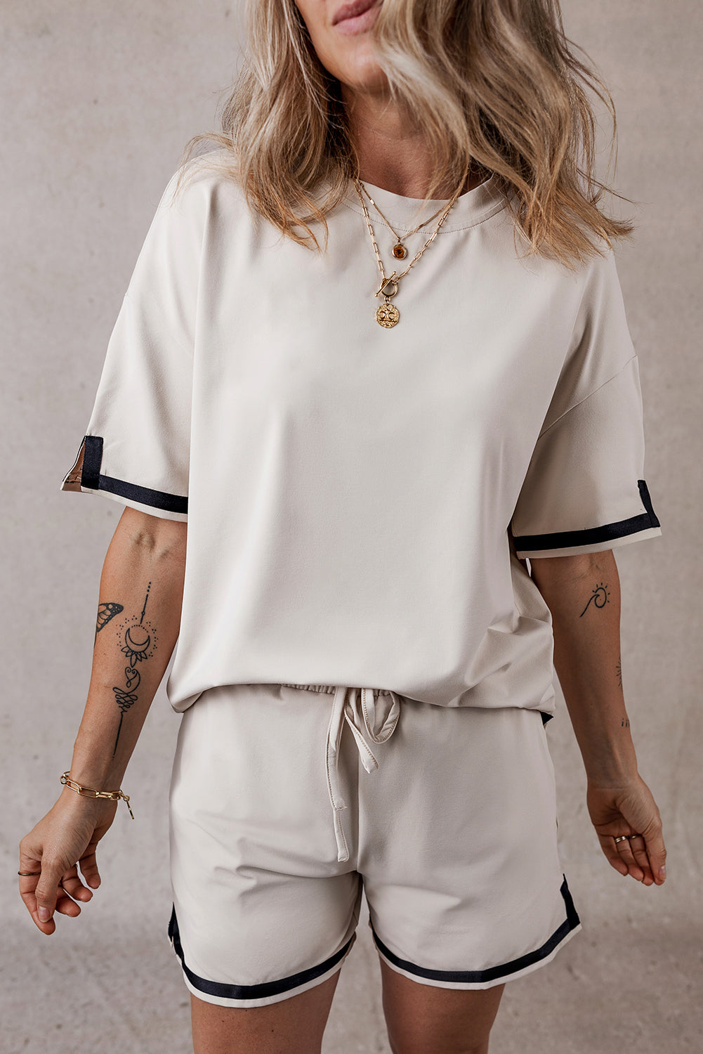 Apricot Contrast Trim Tee and Shorts Set