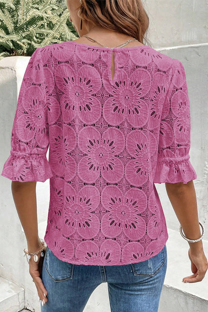 Bright Pink Flower Eyelet Jacquard Keyhole Flounce Sleeve Top