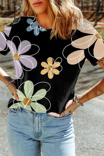 Camiseta bege com estampa de flores de verão casual com gola redonda