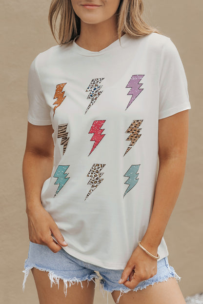 White Printed Lightning Round Neck Short Sleeve Top