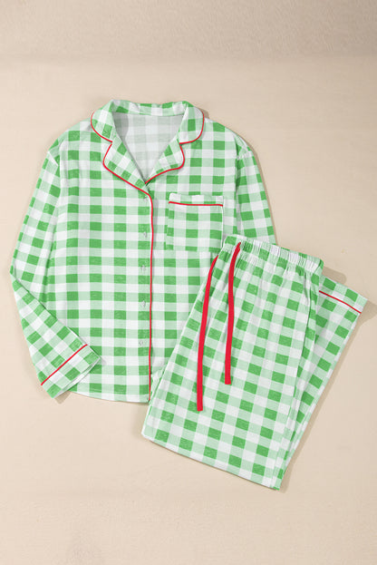 Green Plaid Print Contrast Trim Long Sleeve Plus Size Pajama Set