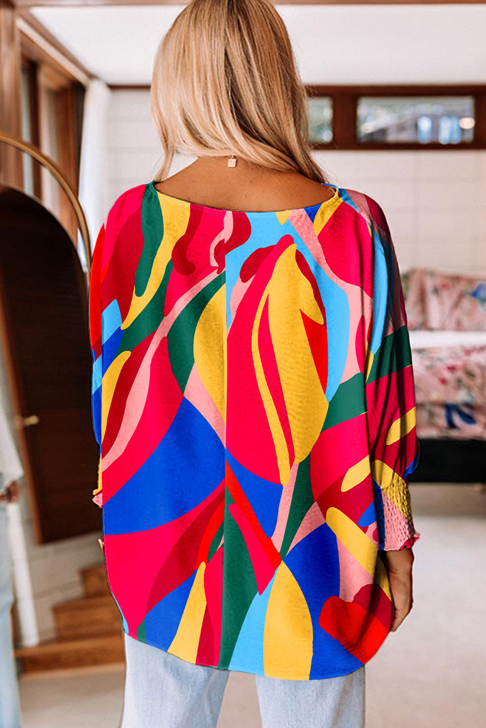 Multicolor Abstract Print Smocked Puff Sleeve Blouse