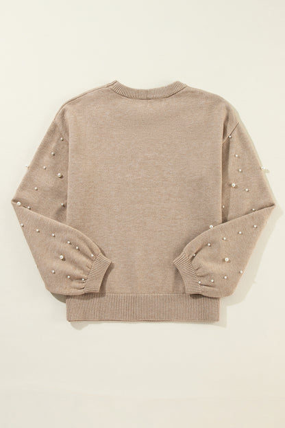 Smoke Gray Pearled Drop Shoulder Round Neck Sweater