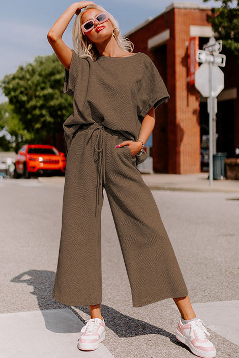 White Textured Loose Fit T Shirt and Drawstring Pants Set