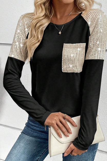 Top de manga raglan com bolso no peito com remendo de lantejoulas brancas