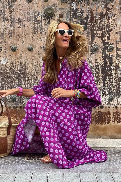 Vestido Maxi Roxo Boho Estampado Manga Puff