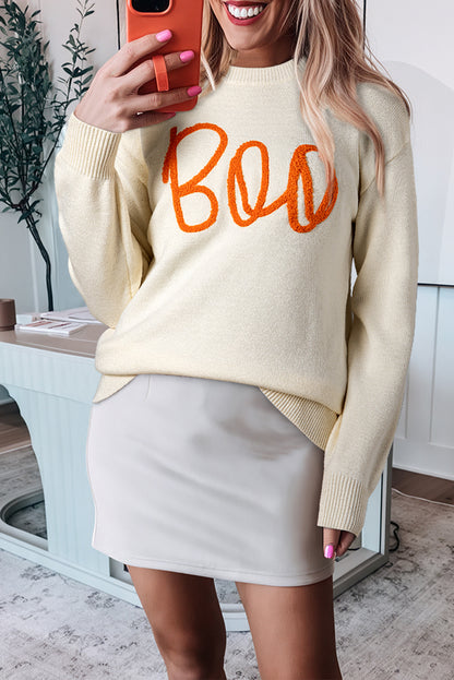 Black Boo Knitted Pattern Ribbed Edge Drop Shoulder Sweater