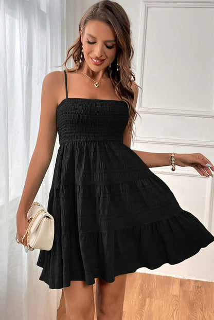 Black Smocked Textured Tiered Skater Dress