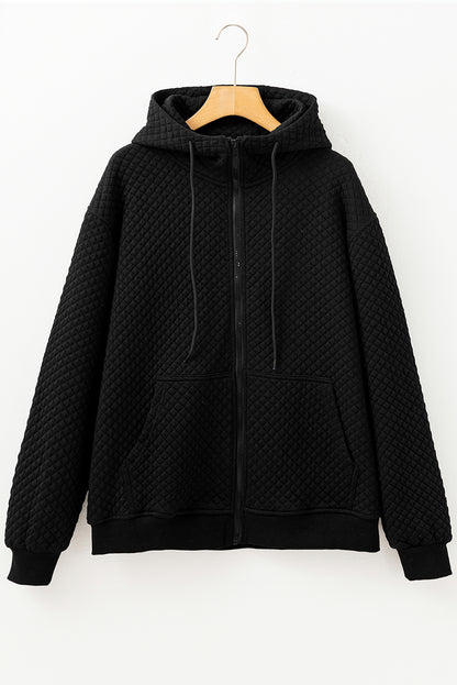 Black Quilted Side Pockets Zipper Hooded Jacket